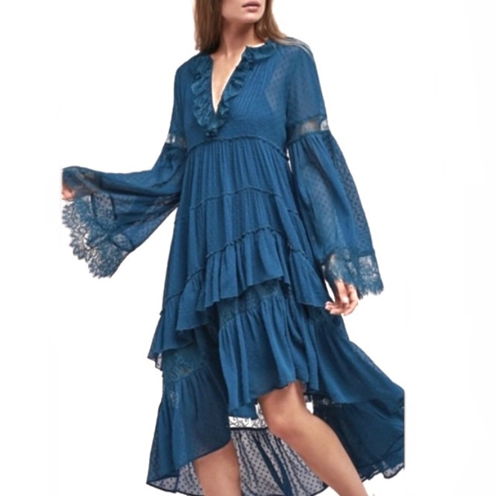 Anthropologie Maeve Meadow Ruffle Tiered Long Sleeve Dress, Teal, M